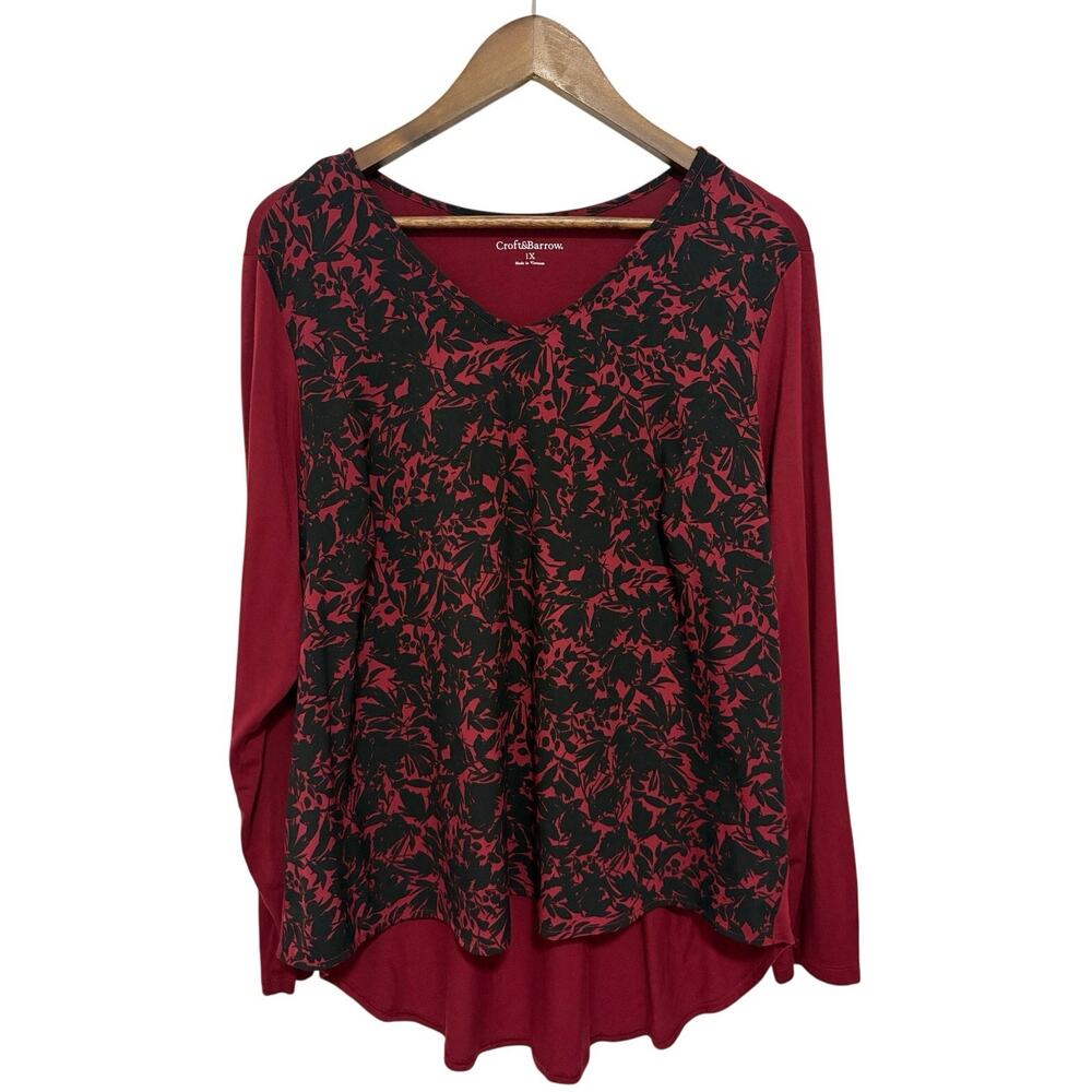 Croft & Barrow Womens 1X Burgundy Black Floral High Low Tunic Top Long Sleeve